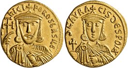 Nicephorus I, with Stauracius, 802-811. Solidus (Gold, 18 mm, 4.40 g, 6 h), Constantinopolis, 803-811. ҺICIFOROS bASILЄ' Crowned and draped bust of Ni...