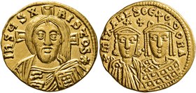 Michael III "the Drunkard", with Theodora, 842-867. Solidus (Gold, 20 mm, 4.46 g, 6 h), Constantinopolis, 843-856. IҺSЧS XRISTOS✱ Half-length bust of ...