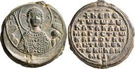 Katakalon Kekaumenos, Duke of Antioch, 1056. Seal (Lead, 34 mm, 27.50 g, 12 h). M/I-X/A Facing bust of St. Michael, nimbate and diademed, holding tref...