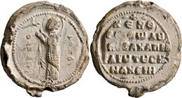Aposachles (Abu Sahl) Senacherim, proedros, 2nd third of the 11th century. Seal (Lead, 34 mm, 27.40 g, 12 h). Θ / Δ/H/M/H-T/P/H/O, Saint Demetrios, ni...