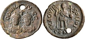 Theodosius II, with Valentinian III, 425-450. Exagium Solidi (Bronze, 22 mm, 4.30 g, 7 h), Constantinopolis. DD NN AAVVGG Diademed, draped and cuirass...