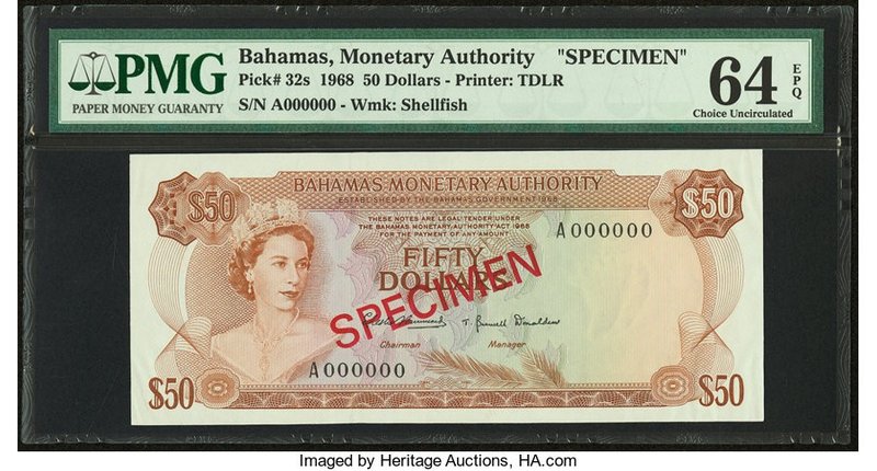 Bahamas Monetary Authority 50 Dollars 1968 Pick 32s Specimen PMG Choice Uncircul...