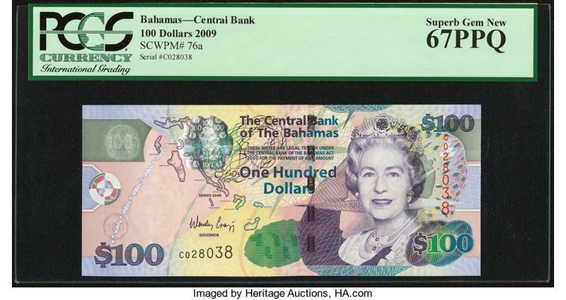 Bahamas Central Bank 100 Dollars 2009 Pick 76a PCGS Superb Gem New 67PPQ. 

HID0...