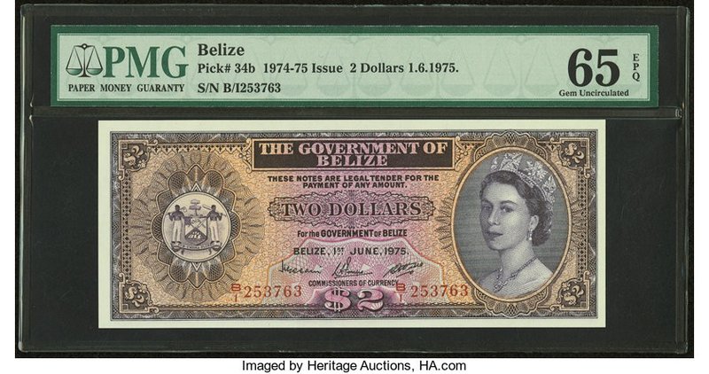 Belize Government of Belize 2 Dollars 1.6.1975 Pick 34b PMG Gem Uncirculated 65 ...