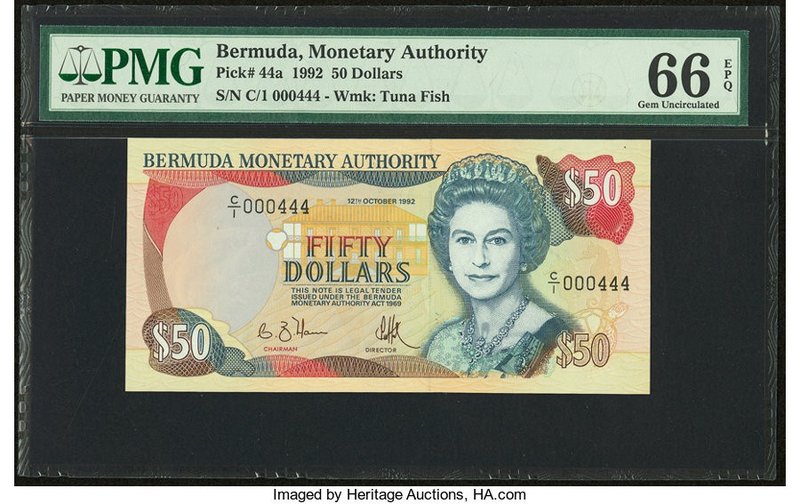 Bermuda Monetary Authority 50 Dollars 12.10.1992 Pick 44a PMG Gem Uncirculated 6...