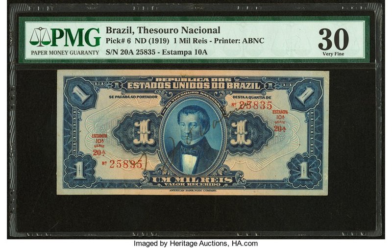 Brazil Thesouro Nacional 1 Mil Reis ND (1919) Pick 6 PMG Very Fine 30. Previousl...