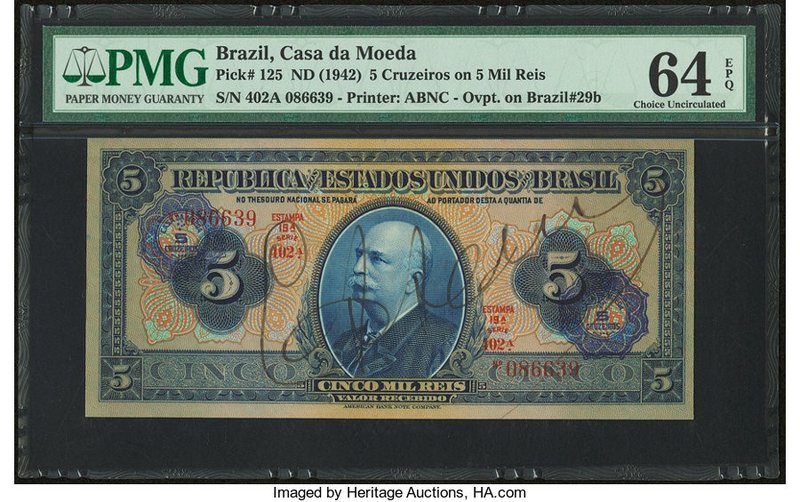 Brazil Banco do Brasil 5 Cruzeiros on 5 Mil Reis ND (1942) Pick 125 PMG Choice U...