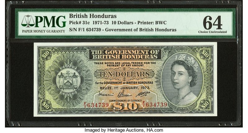 British Honduras Government of British Honduras 10 Dollars 1.1.1973 Pick 31c PMG...