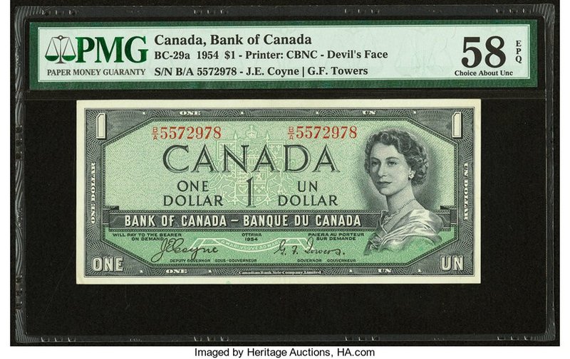 Canada Bank of Canada $1 1954 BC-29a "Devil's Face" PMG Choice About Unc 58 EPQ....