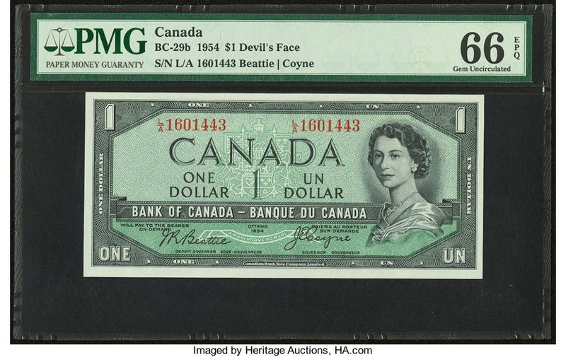 Canada Bank of Canada $1 1954 BC-29b "Devil's Face" PMG Gem Uncirculated 66 EPQ....