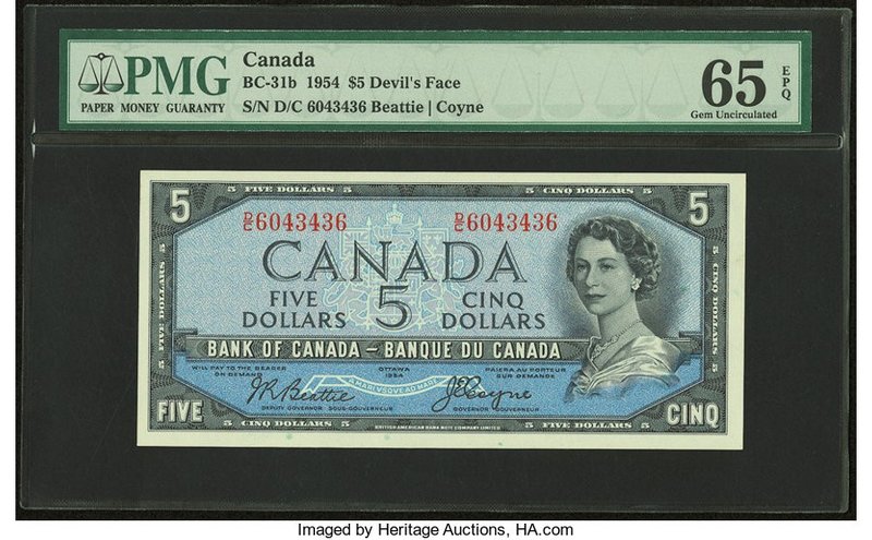 Canada Bank of Canada $5 1954 BC-31b "Devil's Face" PMG Gem Uncirculated 65 EPQ....