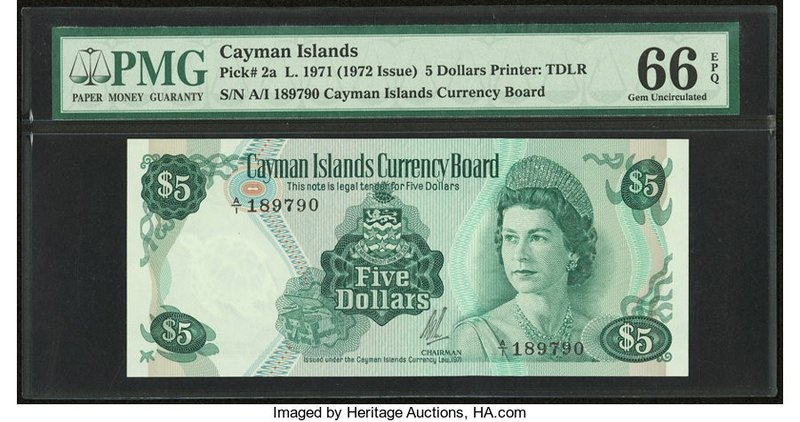 Cayman Islands Currency Board 5 Dollars 1971 (ND 1972) Pick 2a PMG Gem Uncircula...