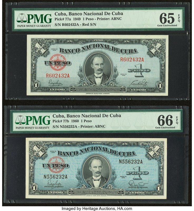 Cuba Banco Nacional de Cuba 1 Peso 1949; 1960 Pick 77a; 77b Two Examples PMG Gem...