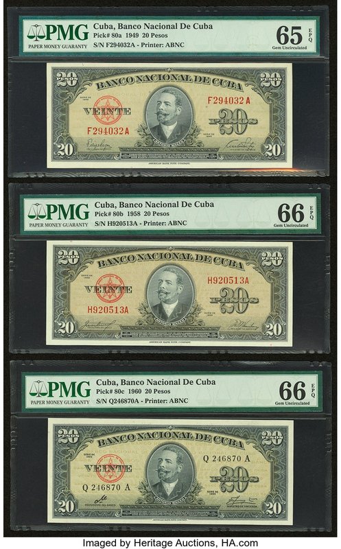 Cuba Banco Nacional de Cuba 20 Pesos 1949; 1958;' 1960 Pick 80a; 80b; 80c Three ...
