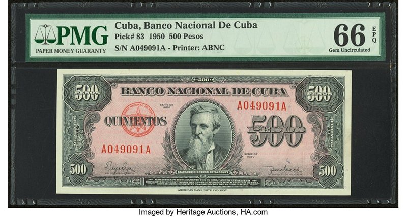 Cuba Banco Nacional de Cuba 500 Pesos 1950 Pick 83 PMG Gem Uncirculated 66 EPQ. ...