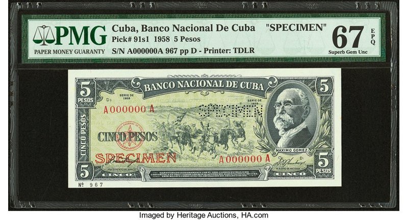 Cuba Banco Nacional de Cuba 5 Pesos 1958 Pick 91s1 Specimen PMG Superb Gem Unc 6...