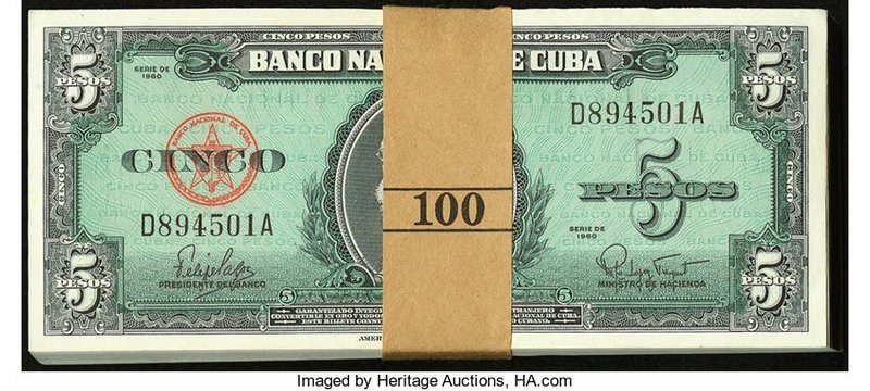Cuba Banco Nacional de Cuba 5 Pesos 1960 Pick 92a Pack of 100 Crisp Uncirculated...