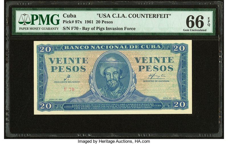 Cuba Banco Nacional de Cuba 20 Pesos 1961 Pick 97x USA C.I.A. Counterfeit PMG Ge...