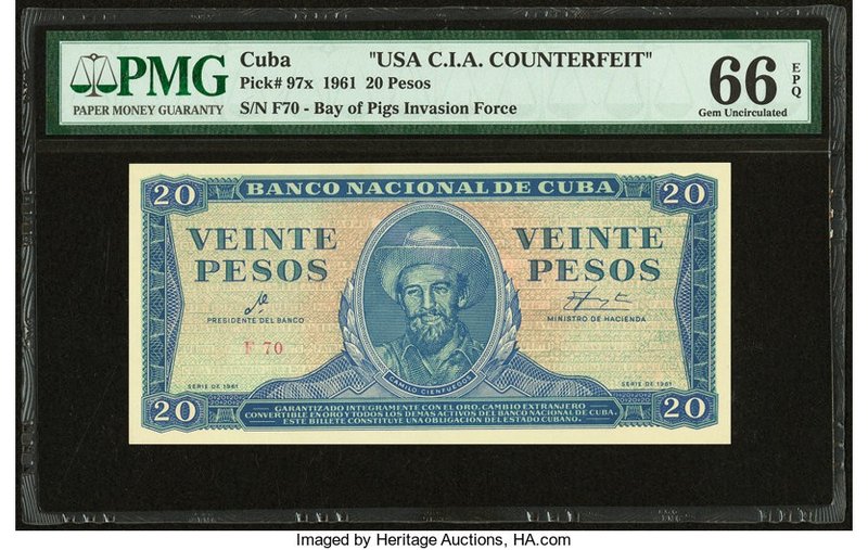 Cuba Banco Nacional de Cuba 20 Pesos 1961 Pick 97x USA C.I.A. Counterfeit PMG Ge...