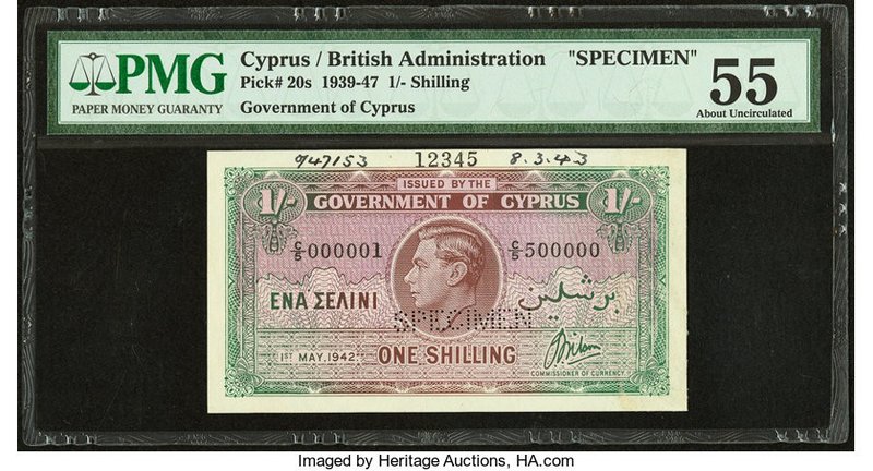 Cyprus Government of Cyprus 1 Shilling 1.5.1942 Pick 20s Specimen PMG About Unci...