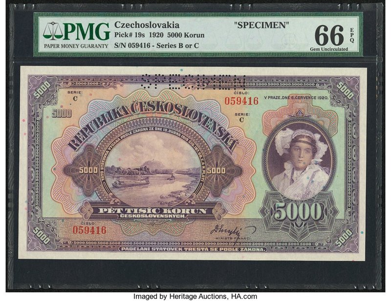 Czechoslovakia Republika Ceskoslovenska 5000 Korun 1920 Pick 19s Specimen PMG Ge...