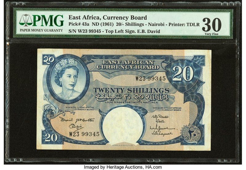 East Africa Currency Board 20 Shillings ND (1961) Pick 43a PMG Very Fine 30. 

H...
