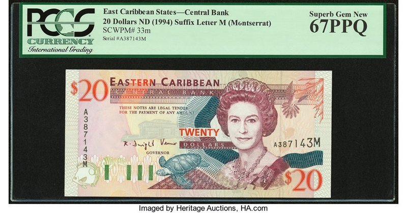 East Caribbean States Central Bank, Montserrat 20 Dollars ND (1994) Pick 33m PCG...