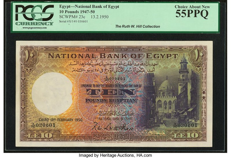 Egypt National Bank of Egypt 10 Pounds 13.2.1950 Pick 23c PCGS Choice About New ...