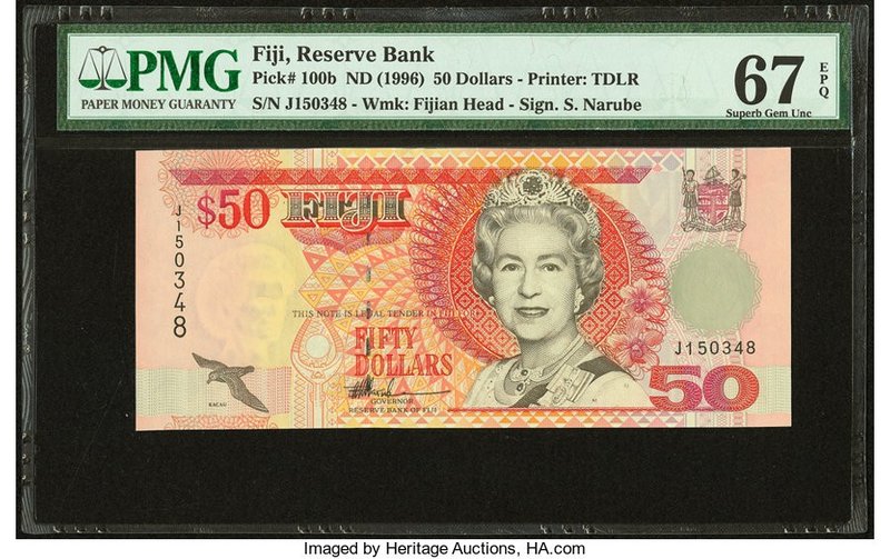 Fiji Reserve Bank of Fiji 50 Dollars ND (1966) Pick 100b PMG Superb Gem Unc 67 E...