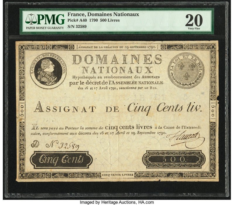 France Domaines Nationaux 500 Livres 29.9.1790 Pick A40 PMG Very Fine 20. Tear r...