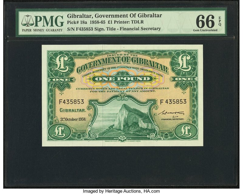 Gibraltar Government of Gibraltar 1 Pound 3.10.1958 Pick 18a PMG Gem Uncirculate...