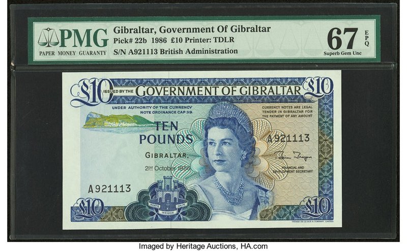 Gibraltar Government of Gibraltar 10 Pounds 21.10.1986 Pick 22b PMG Superb Gem U...