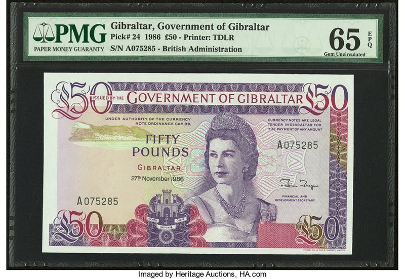 Gibraltar Government of Gibraltar 50 Pounds 27.11.1986 Pick 24 PMG Gem Uncircula...