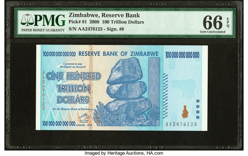 Zimbabwe Reserve Bank of Zimbabwe 100 Trillion Dollars 2008 Pick 91 PMG Gem Unci...