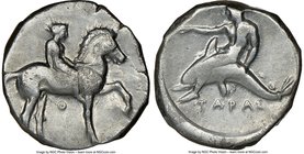 CALABRIA. Tarentum. Ca. 380-340 BC. AR stater or didrachm (20mm, 6h). NGC Choice Fine. Nude youth on horseback standing right, left foreleg raised; Θ ...