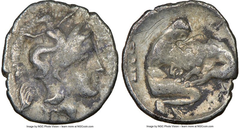 CALABRIA. Tarentum. Ca. 4th century BC. AR diobol (12mm, 11h). NGC Choice Fine, ...