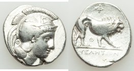 LUCANIA. Velia. Ca. 340-334 BC. AR didrachm or stater (22mm, 7.46 gm, 2h). Choice Fine. Head of Athena right wearing crested Attic helmet, bowl decora...