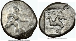 PAMPHYLIA. Aspendus. Ca. mid-5th century BC. AR stater (23mm, 10.93 gm, 6h). NGC XF 3/5 - 4/5, overstruck. Helmeted nude hoplite advancing right, shie...