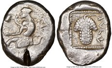 CILICIA. Soloi. Ca. 440-400 BC. AR stater (21mm, 10.65 gm, 12h). NGC Choice VF S 5/5 - 2/5, test cut. Amazon, nude to waist, on one knee left, wearing...