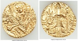 INDIA. Kushan Empire. Vasudeva II (ca. AD 267-300). AV dinar (21mm, 7.87 gm, 12h). AU, die shift. Main mint, Mathura/Gandhara. Vasudeva standing facin...