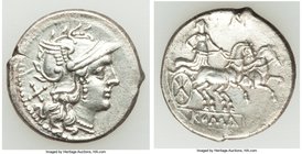 Anonymous (ca. 194-190 BC). AR denarius (19mm, 3.38 gm, 9h). Choice VF. Rome, monogram issue. Head of Roma right, wearing winged helmet decorated with...