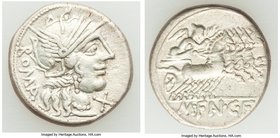 M. Fannius C. f. (ca. 123 BC). AR denarius (18mm, 3.89 gm, 7h). VF. Rome. ROMA, head of Roma right, wearing winged helmet decorated with griffin crest...