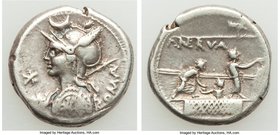 P. Licinius Nerva (ca. 113-112 BC). AR denarius (18mm, 3.92 gm, 1h). About VF. Rome. ROMA, bust of Roma left wearing helmet decorated with plume on ea...