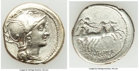 C. Claudius Pulcher (ca. 110-109 BC). AR denarius (19mm, 3.80 gm, 5h). VF. Rome. Head of Roma right wearing winged helmet decorated with circular devi...