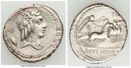 L. Julius Bursio (ca. 85 BC). AR denarius (20mm, 3.72 gm, 3h). Choice VF. Rome. Laureate, winged, draped bust of Apollo Vejovis right; trident over sh...