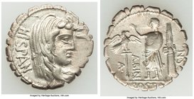 A. Postumius A.f. Sp.n. Albinus (ca. 81 BC). AR denarius serratus (19mm, 3.80 gm, 10h). VF. Rome. HISPAN, veiled bust of Hispania right with dishevele...