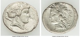 L. Cassius Q.f. Longinus (ca. 75 BC). AR denarius (19mm, 3.58 gm, 6h). Choice VF, bankers mark. Head of Liber (or Bacchus) right, wearing ivy wreath; ...