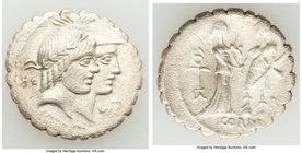 Q. Fufius Calenus and Mucius Cordus (ca. 68 or 70 BC). AR serrate denarius (20mm, 3.64 gm, 6h). Choice VF. Rome. Jugate heads of Honos and Virtus righ...