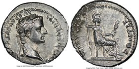 Tiberius (AD 14-37). AR denarius (19mm, 3.82 gm, 10h). NGC Choice AU 5/5 - 3/5. Lugdunum. TI CAESAR DIVI-AVG F AVGVSTVS, laureate head of Tiberius rig...