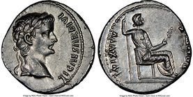 Tiberius (AD 14-37). AR denarius (18mm, 3.86 gm, 11h). NGC Choice AU 3/5 - 4/5. Lugdunum. TI CAESAR DIVI-AVG F AVGVSTVS, laureate head of Tiberius rig...